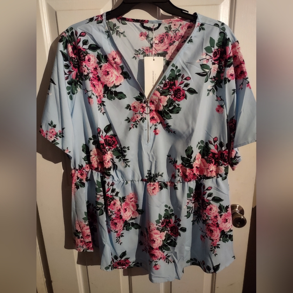 Bloomchic Floral Zip-Up Peplum Blouse NWT